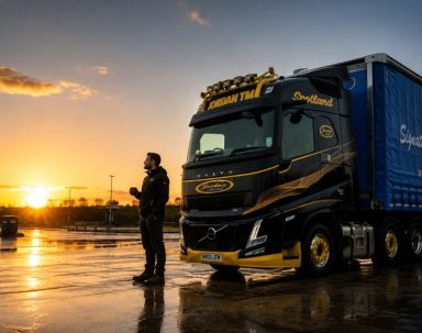 Jordan TM Volvo FH truck parked at sunrise during a driver's break in accordance with UK HGV drivers' hours regulations