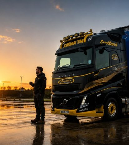 Jordan TM Volvo FH truck parked at sunrise during a driver's break in accordance with UK HGV drivers' hours regulations