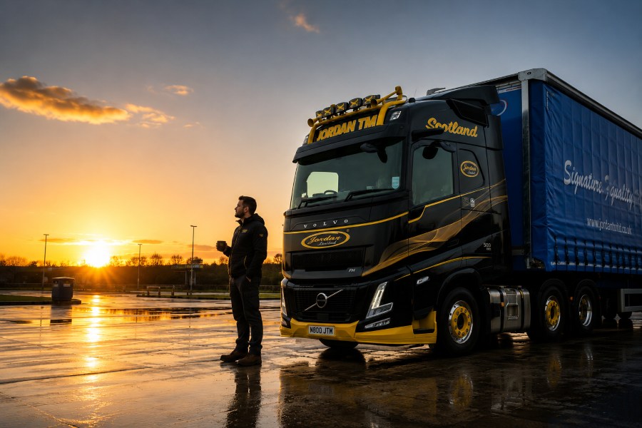 Jordan TM Volvo FH truck parked at sunrise during a driver's break in accordance with UK HGV drivers' hours regulations
